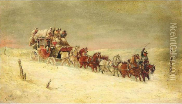 Coach And Horses In The Snow Oil Painting - John Charles Maggs