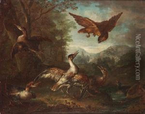 A Spaniel Flushing Duck; And A Hawk With Other Birds In A Landscape Oil Painting - Angelo Maria Crivelli, Il Crivellone