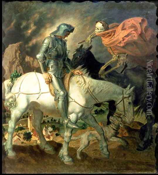 Don Quixote with Death, based on 'The Knight, Death and the Devil' by Albrecht Durer Oil Painting - Theodor Baierl