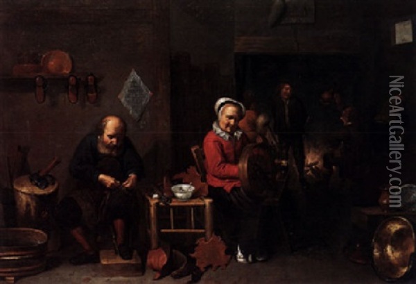 A Peasant Interior With A Cobbler, A Woman At Her Spinning Wheel, And Other Figures By The Hearthside Oil Painting - David Ryckaert III