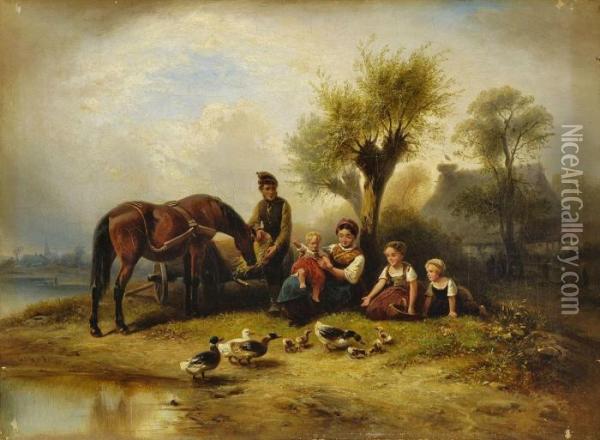 Rastende Bauernfamilie Mit Enten Oil Painting - Wilhelm Alexander Meyerheim