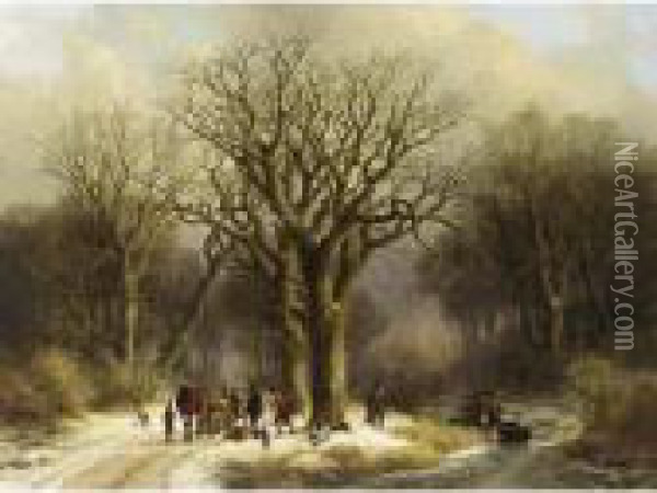 Hunters In The Snow Oil Painting - Johann Bernard Klombeck
