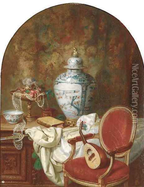 An oriental urn and other decorative objects on an oak coffer beside a mandolin on a chair Oil Painting - Jean Alexandre Remy Couder