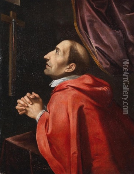 San Carlo Borromeo Praying Before The Santo Clavo Oil Painting - Francisco De Zurbaran