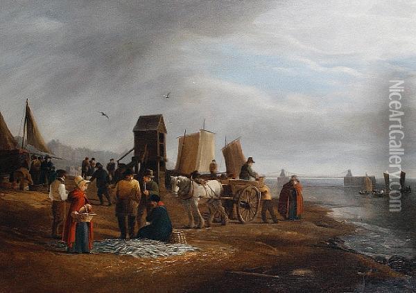 Unloading The Catch On The Beach At Brighton Oil Painting - Edward Fox