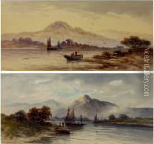 Fishing Boats On The River With A Mountain Backdrop. Oil Painting - Joshua Renshaw