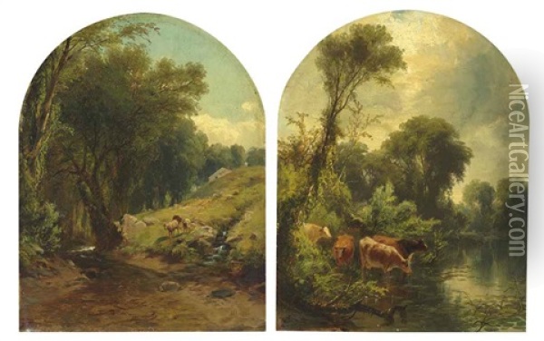 Sheep By A Stream (+ Cows Watering; Pair) Oil Painting - James McDougal Hart