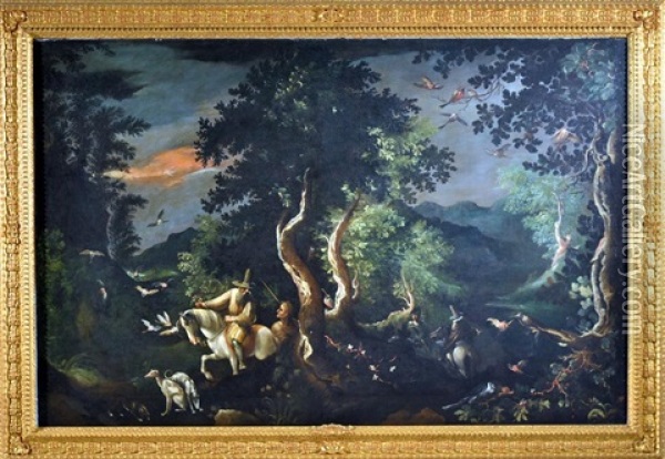 Paesaggio Boschivo Con Scena Di Caccia Agli Uccelli Con Falco Oil Painting - Mattheus Bril the Younger