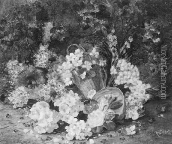 Baskets Of Flowers And A Nest Of Eggs On A Forest Floor Oil Painting - Horace Mann Livens