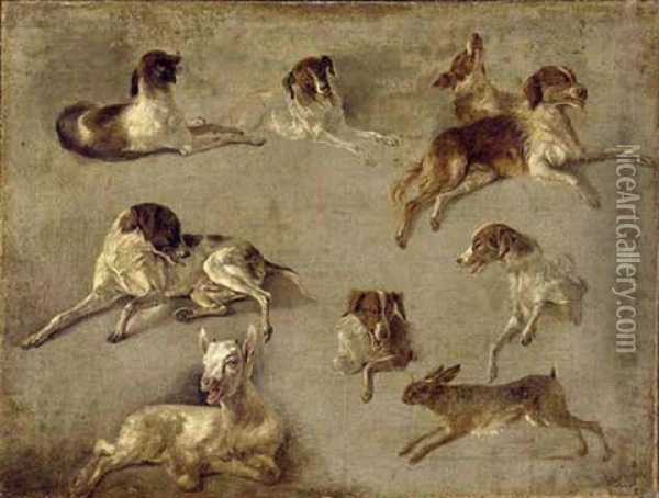Study Of Seven Dogs, A Goat And A Hare Oil Painting - Louis-Auguste Brun