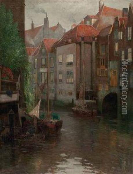 Boote In Einer Gracht Oil Painting - Adolf Kaufmann