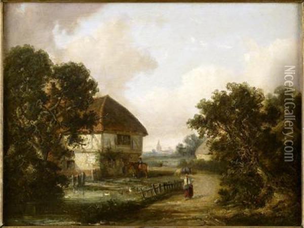 A Wooded Landscape With Figure By A Duck-pond Oil Painting - Thomas Smythe