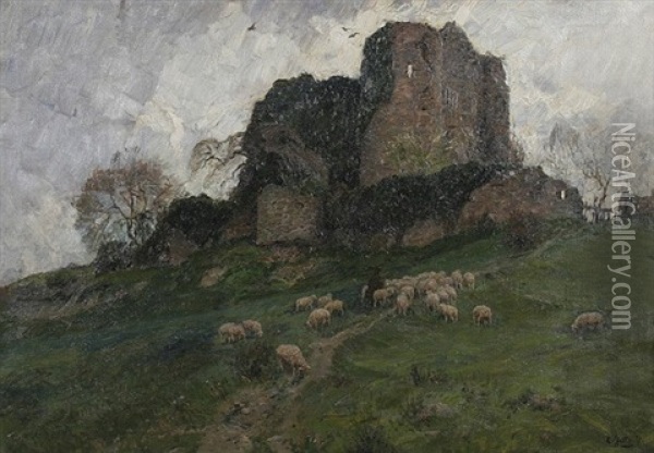 Hirte Mit Seiner Schafherde Bei Der Ruine Nothberg In Der Eifel Oil Painting - Carl Jutz the Younger