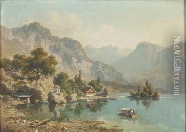Gebirgssee, Im Vordergrund Ein Boot Mit Ausfluglern Oil Painting - Joseph Niklaus Butler