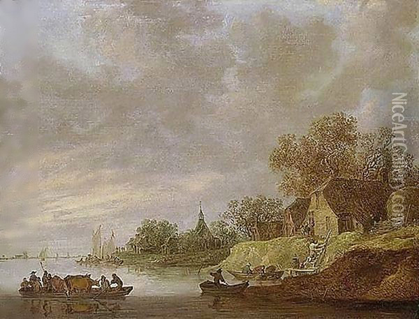 A River Landscape With A Ferryboat Approaching A Village Oil Painting - Jan van Goyen