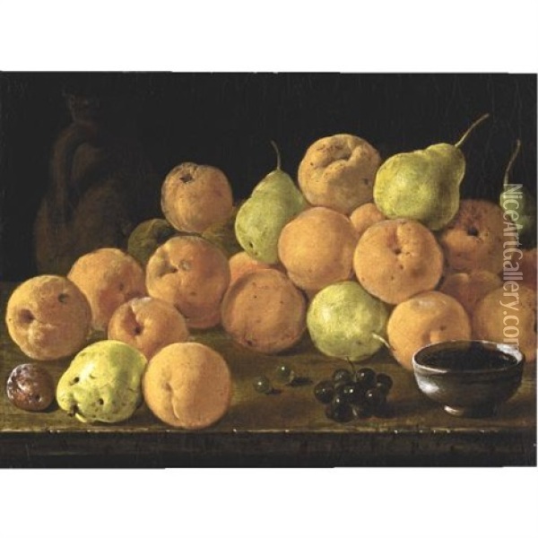 A Still Life Of Quinces, Pears, A Plum, A Bunch Of Red Grapes, Green Grapes, A Terracotta Jug And A Ceramic Cup, All Arranged Upon A Table Top Oil Painting - Luis Melendez