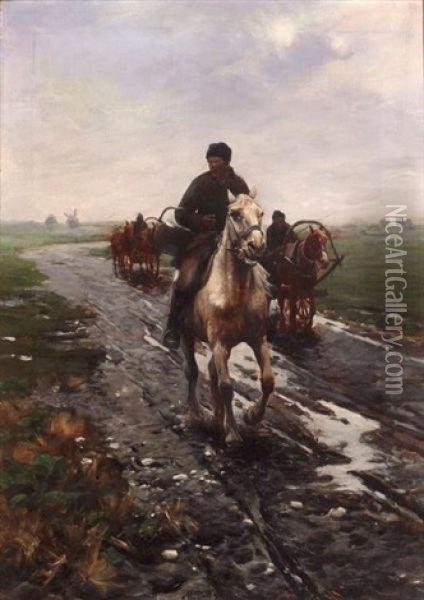 Men On Horseback On Dirt Road Oil Painting - Michael Gorstkin-Wywiorski