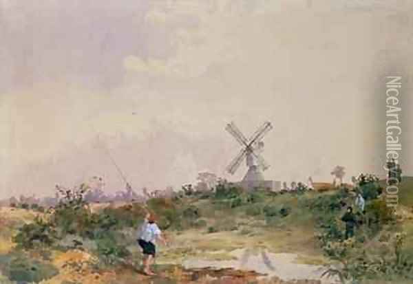 The Windmill on Wimbledon Common with a Boy Fishing Oil Painting - J. B. de Fleury