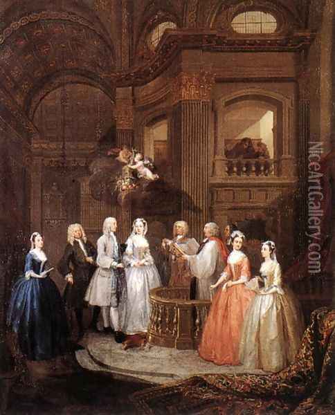 The Marriage of Stephen Beckingham and Mary Cox c. 1729 Oil Painting - William Hogarth