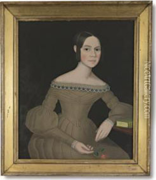 Portrait Of A Dark-haired Young Woman Wearing Light-brown Dress Holding A Spray Of Pinks Oil Painting - Ammi Phillips