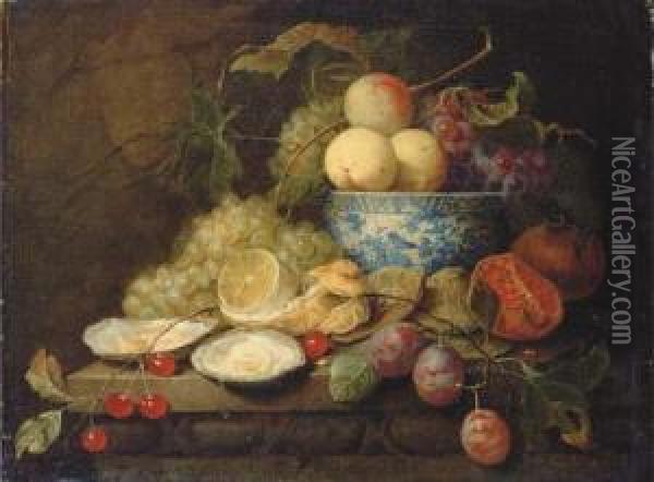 Oysters, Plums, Cherries, Grapes, A Lemon And A Pomegranate On Astone Ledge Oil Painting - Joris Van Son
