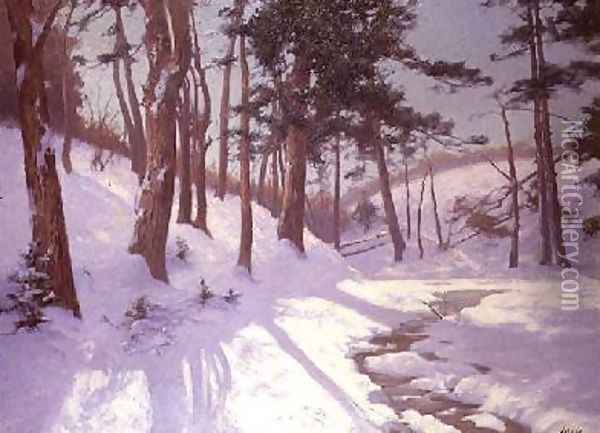 Winter woodland with a stream Oil Painting - James MacLaren