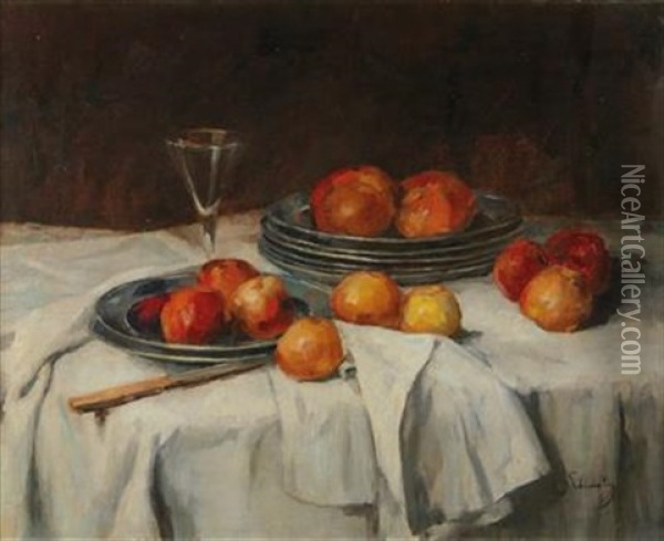 Still Life With Apples And Wine Glass Oil Painting - Carl Schuch