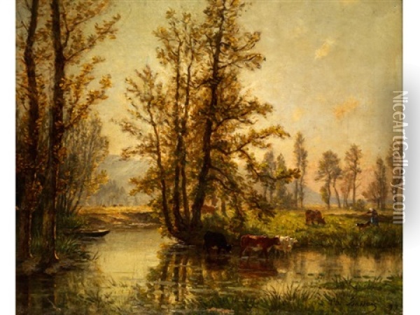 Landschaft Mit Jungen Baumen An Einem Bachlauf Oil Painting - Charles Busson