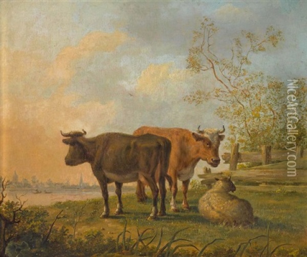 Niederlandische Landschaft Mit Kuhen Und Schaf Oil Painting - Pieter Gerardus Van Os