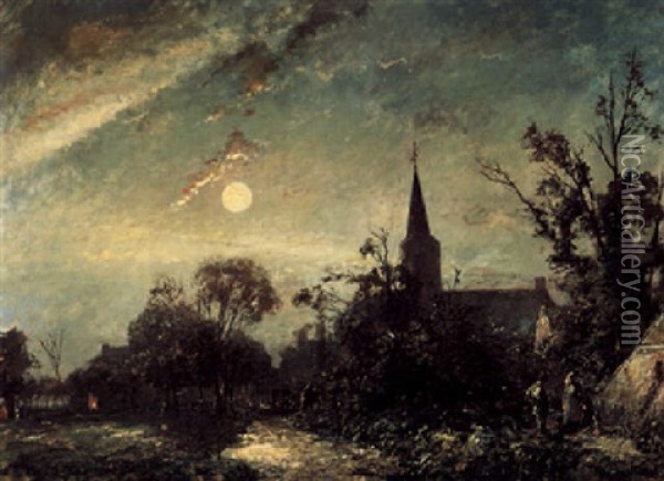 Clair De Lune, Le Clocher Du Village Oil Painting - Johan Barthold Jongkind