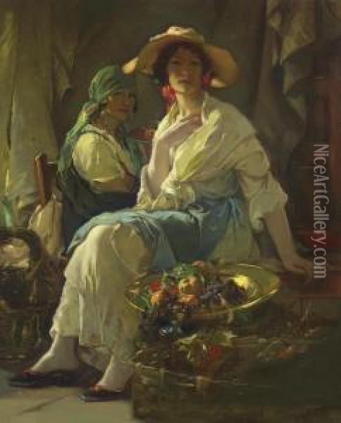 Assisi Market Girls Oil Painting - Julius C. Rolshoven