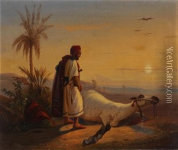 Abendstimmung Uber Araber Und Seinem Pferd Oil Painting - Raden Saleh Sarief Bustaman