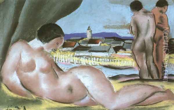 View of Nagybanya with Nudes 1935 Oil Painting - David Jandi