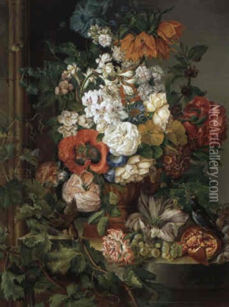 Groses Blumenstuck Mit Fruchten, Vogeln Und Insekten Oil Painting - Josef Schuster
