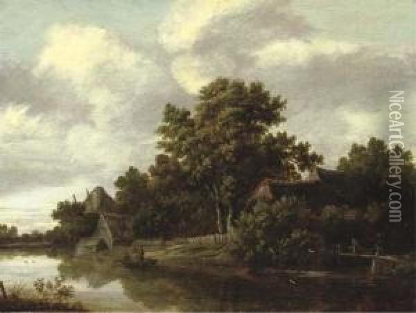 A Wooded River Landscape With A 
Peasant Crossing A Bridge And Fishermen In A Boat, Cottages Nearby Oil Painting - Salomon Rombouts