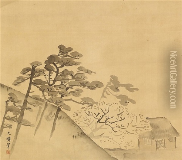 Kiefern, Bluhender Kirschbaum Und Hutte Oil Painting - Shiokawa (Shion) Bunrin