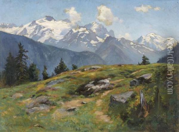 Walliser Bergansicht Oil Painting - Fritz Edouard Huguenin-Lassauguette