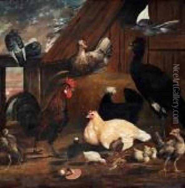 Still Life With Hens Oil Painting - Melchior de Hondecoeter