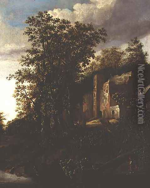A wooded river landscape with peasants by a ruined manor house Oil Painting - Salomon Rombouts