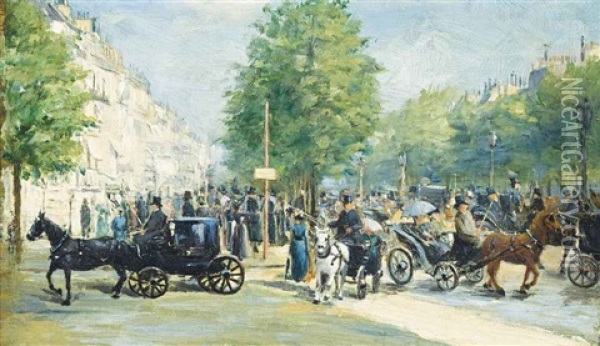 A Busy Day On The Champs Elysees, Paris Oil Painting - Edmond Georges Grandjean