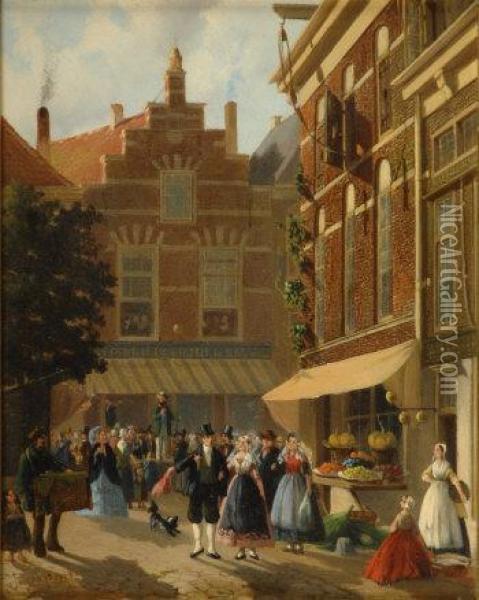 Dutch Travelling Mummers In A Town Square Oil Painting - Joseph Bles