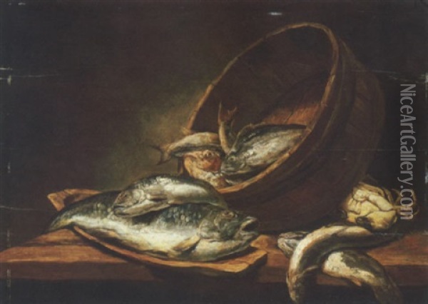 A Bass And A Hake In A Wooden Trencher, A Red Gurnard, A Whiting And Other Fish, With A Crab And Sardines On A Wooden Table Oil Painting - Alexander Adriaenssen the Elder