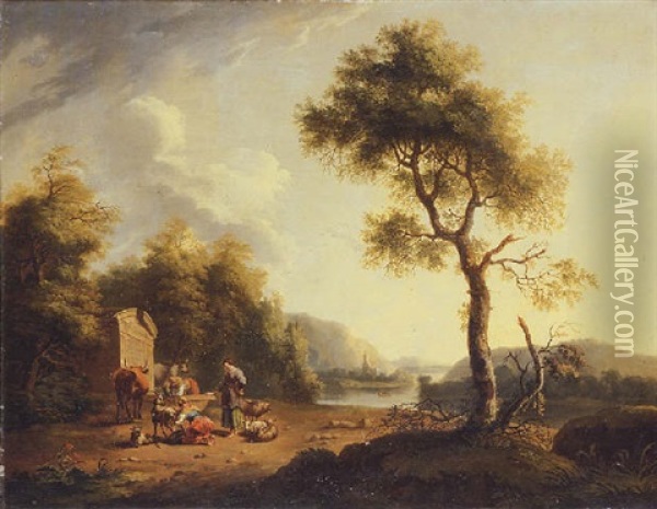A River Landscape With Shepherdesses And Cattle By A Nymphaeum Oil Painting - Jacob Philipp Hackert