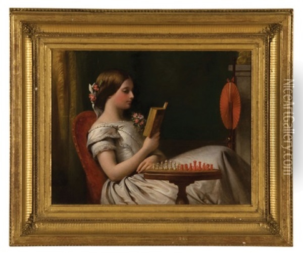 Portrait Of A Lady In A White Dress Reading Oil Painting - Frank Stone