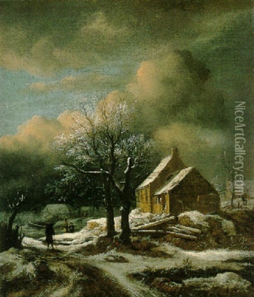 A Winter Landscape With Figures On A Road Passing Through A Hamlet Oil Painting - Jacob Van Ruisdael