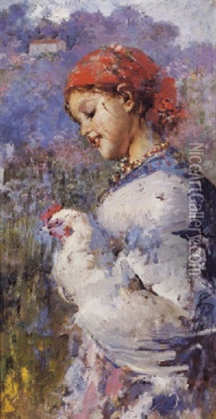 Young Girl With Chicken Oil Painting - Vincenzo Irolli
