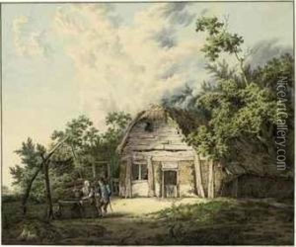 A Ruined Farmhouse In A Wooded Landscape, With A Couple Conversingby A Well Oil Painting - Johannes Huibert Prins