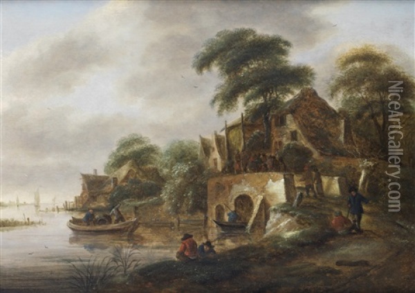 Barges Approaching A Village In An Open River Landscape Oil Painting - Nicolaes Molenaer