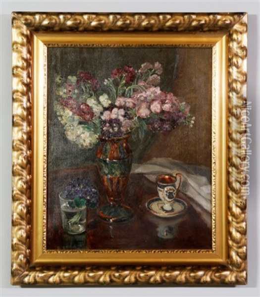 Still Life With Flowers, Cup And Saucer Oil Painting - Jules Eugene Pages