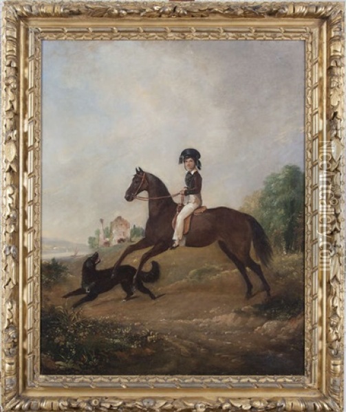 Portrait Of A Young Gentleman On Horseback With A Black Retriever In Landscape Oil Painting - James Henry Brocas